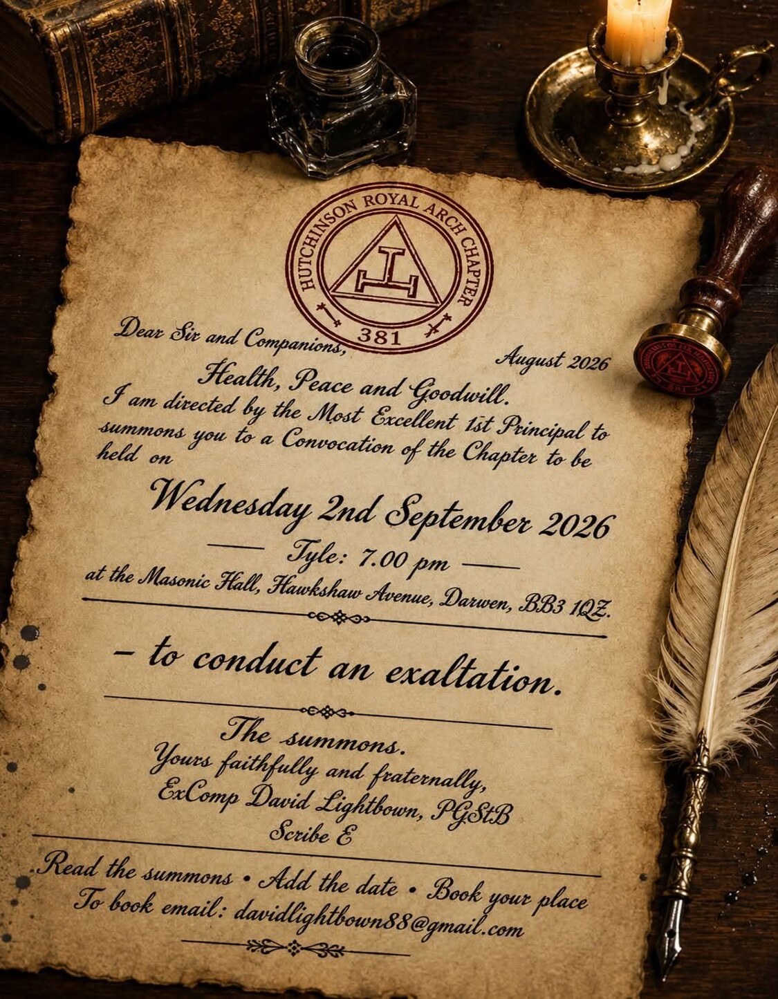 Hutchinson Royal Arch Chapter exaltation on 2 September 2026 in Darwen