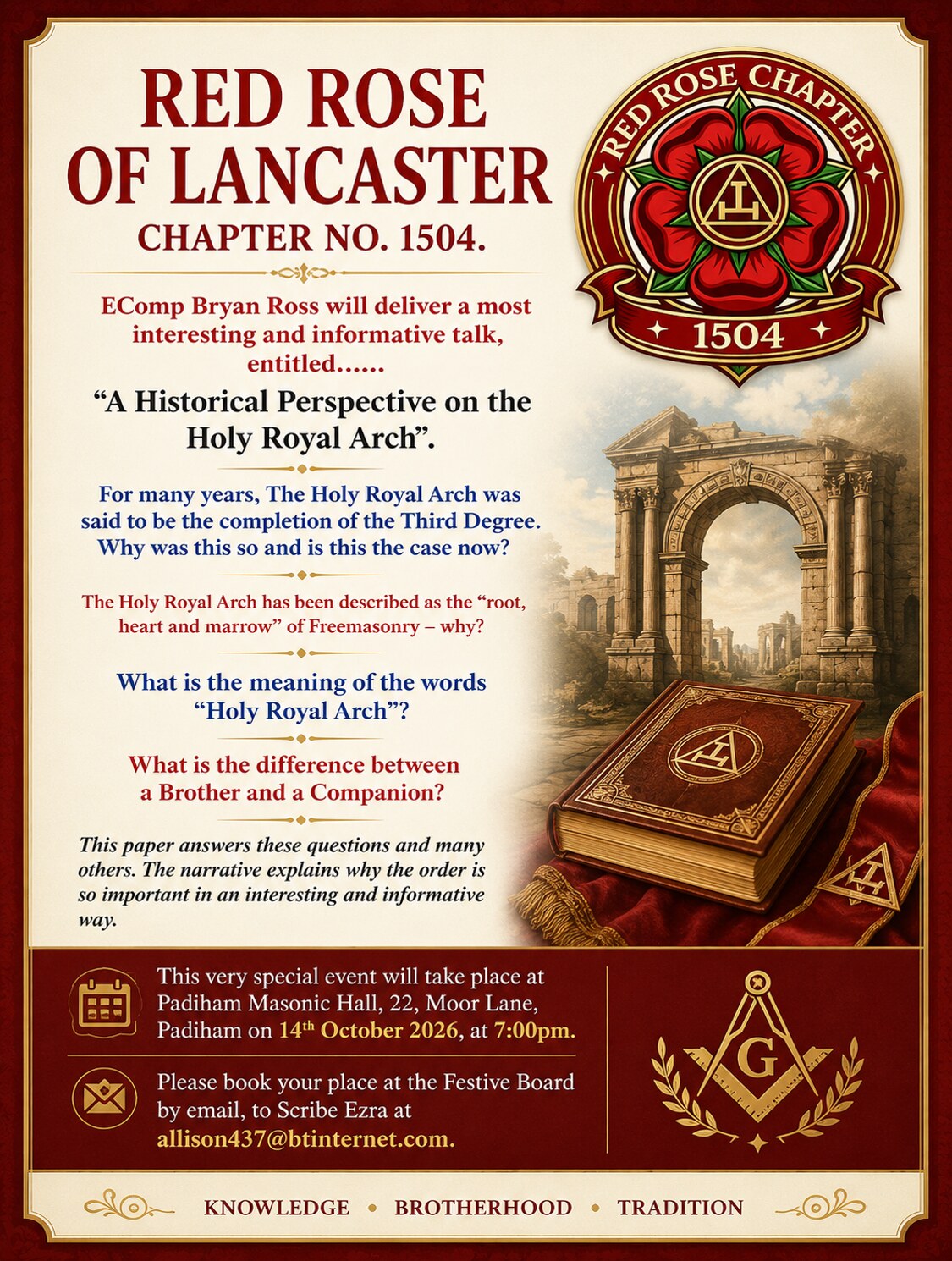 Red Rose of Lancaster Chapter talk on the Holy Royal Arch on 14 October 2026