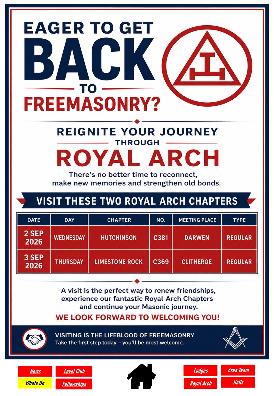 Royal Arch visits at Hutchinson Chapter and Limestone Rock Chapter on 2 and 3 September 2026